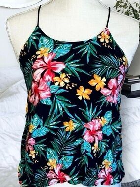 Black Tropical Floral Print Keyhole Crisscross Back Tank Top - Women's XS (1)